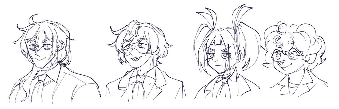 bust shot sketches of the main characters to practice my same face syndrome.